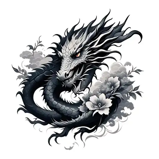 Make A Dragon Tattoo Sleeve For My Right Arm Black And Grey With Clouds And Flowers