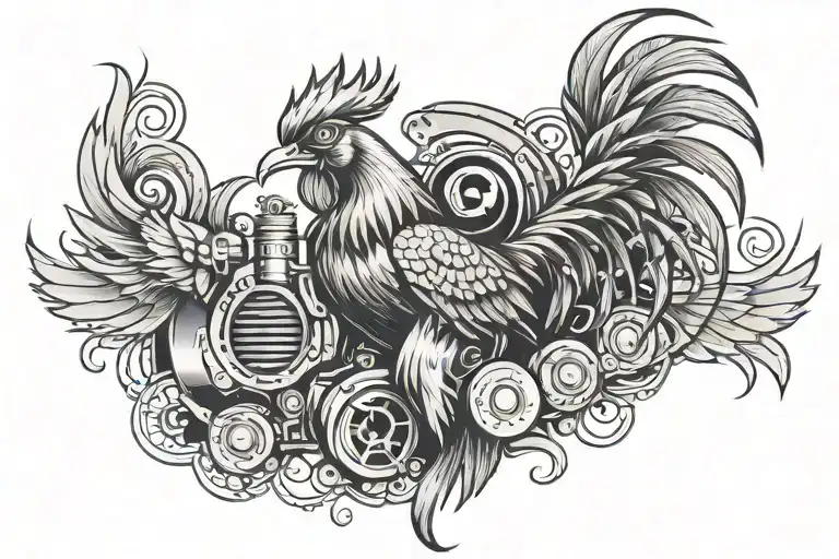 Phoenix Bird Holding Engine Pistons With A Rooster Head