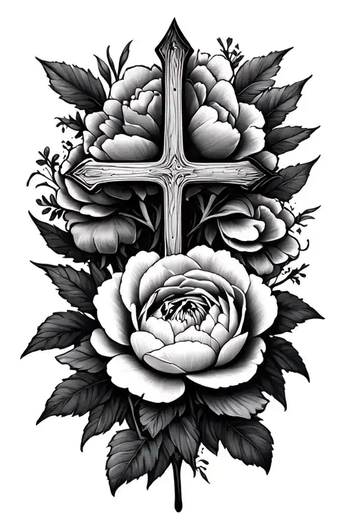 Small Thin Stick Cross With Peony's Around It