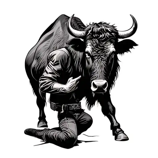 Cowboy Kneeling Inside A Body Of A Buffalo