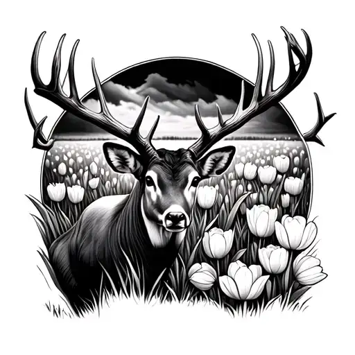 410 Single Shot Shotgun Resting On Top On Deer Antlers In A Field Of Tulips