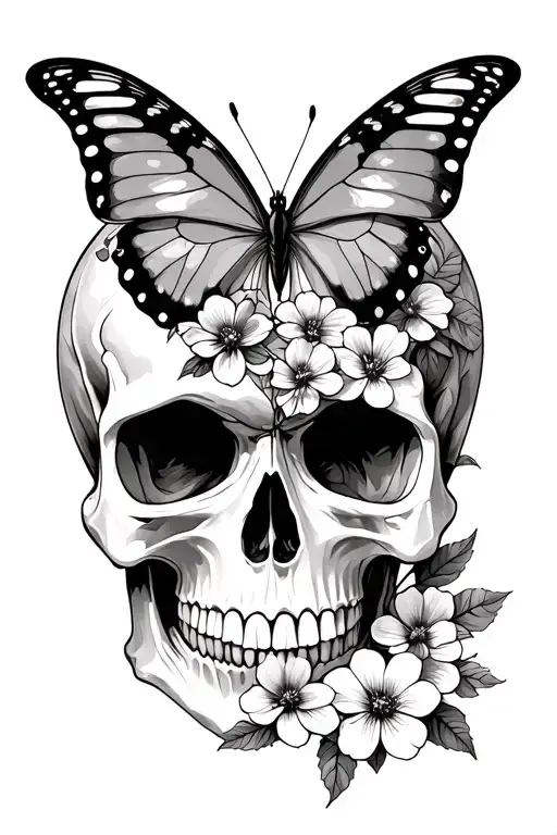 Half Skull Half Butterfly With Flowers