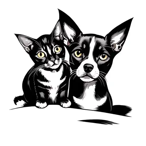 Dog And Two Cats Sitting Outline Made Behind