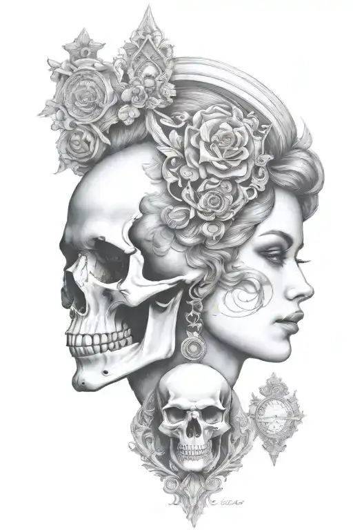 Janus Head Profile Skull And Lady With Hourglass Pendant