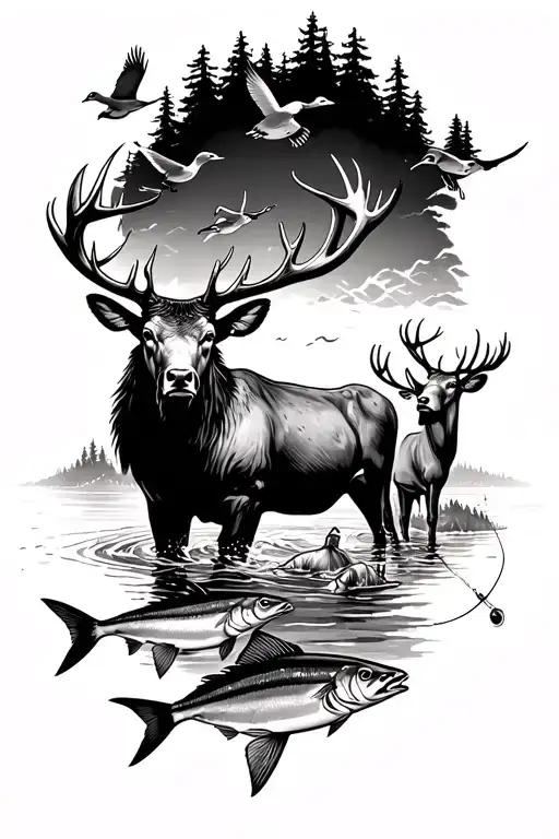 Elk And Deer With Ducks Flying Faded Into A Fishing Scene With Mahi Mahi And Tuna