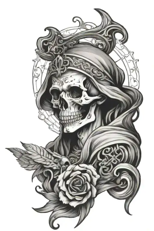 Detailed Traditional Saint Death Sleeve Tattoo With A Quote