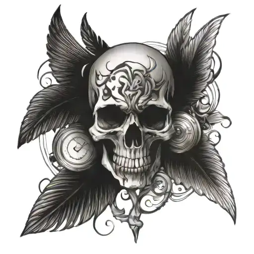 Half Skull Half Timeglass And Pigeonwing