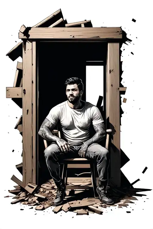 Man Sitting On A Wooden Chair In A House That Falling Apart Around Him