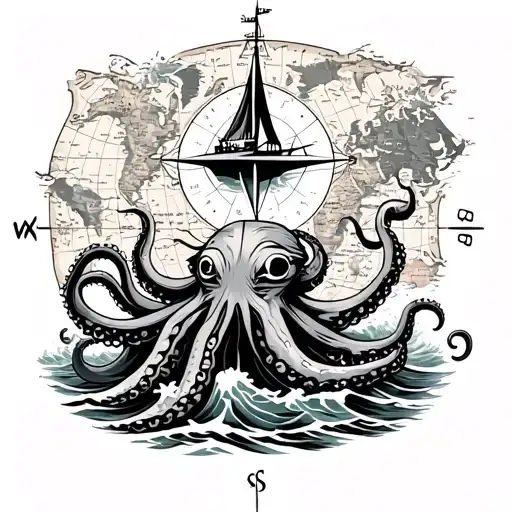 A Map With A Compass With A Boat Above It In Rapid Waves Being Pulled Down By A Big Octopus