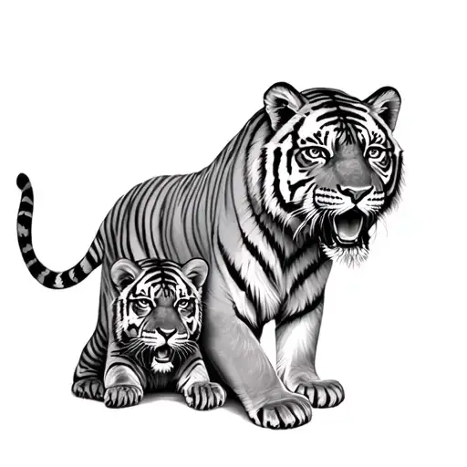 Tiger With Two Cubs Playing Realistic