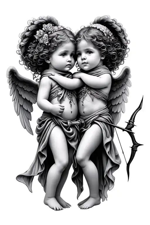 Two Little Angels With Silk Scarf And Bow And Arrow