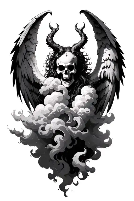 A Demonic Full Angel With Skull Face And Clouds All Over
