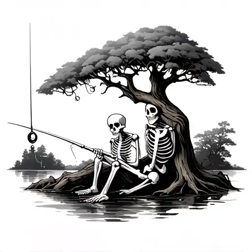 Skeleton Sitting By A Tree Fishing
