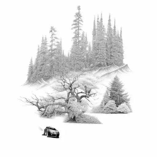 A Black And Grey Tattoo Of A Nissan Gtr R32 Racing Through A Scenic Nature Landscape