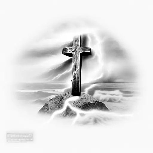 Light Shining Down On A Wooden Cross On A Rock In A Ocean Storm