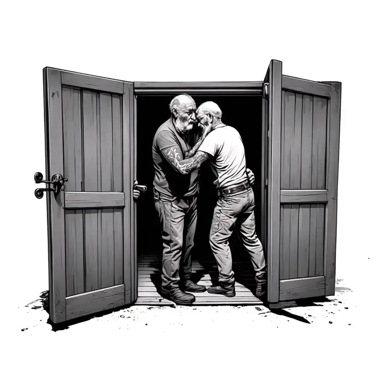 Old Man Trying To Open A Door A Younger Biker Is Holding Shut