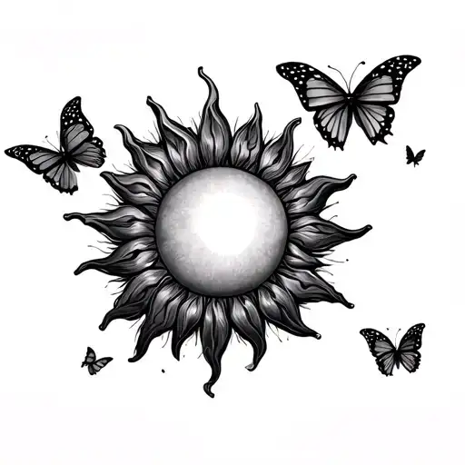 Big Sun And Butterflies Fluttering