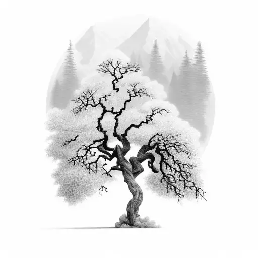 A Natural Landscape In Black And Gray With A Majestic Tree Silhouette And Mountains