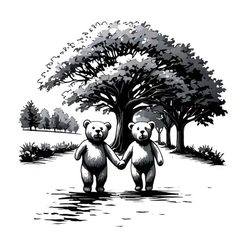 Two Teddy Bears Holding Hands Walking Down An Oak Tree Lined Street