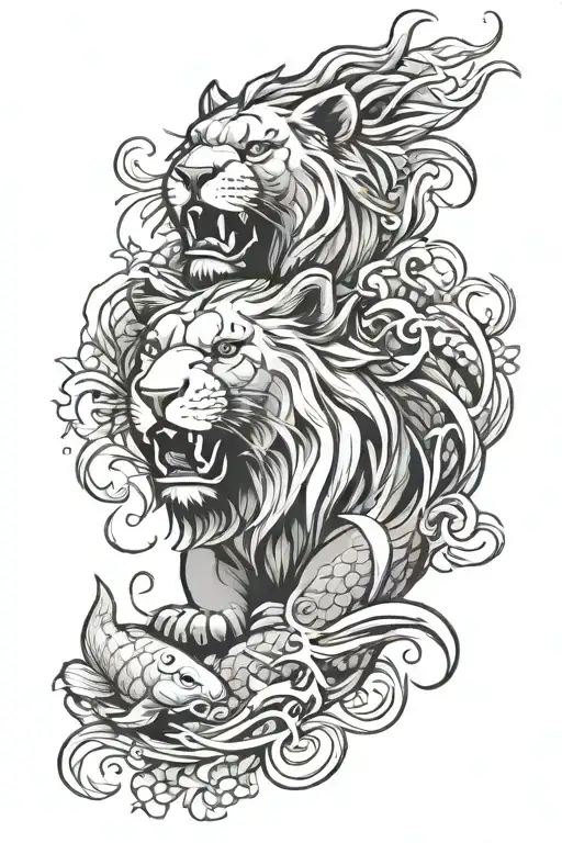 Roaring Lion And Koi Fish Surrounded