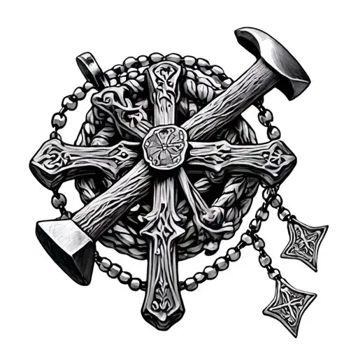 Hammer And Cross Rosary Beads Intertwined Within