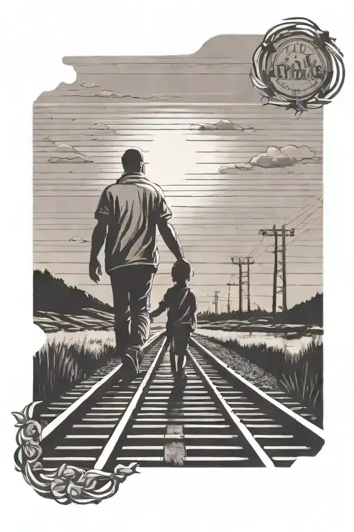 Silhouette Of Father And Son Holding Hands On Railroad Tracks Walking To Sunset