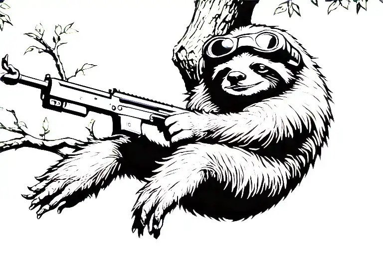 Sloth Hanging From A Tree Upside Down With Four Barrel Night Vision Goggles And Holding A Rifle