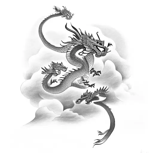 2 Chinese Dragons Flying Around Each Other In The Sky Protecting A Cross On A Mountain