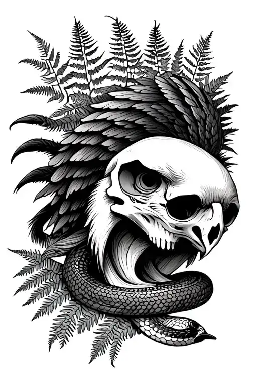 Falcon Skull Backed By Ferns With A Snake