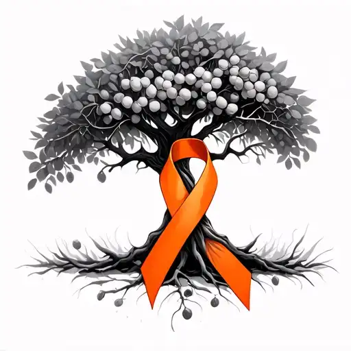 Orange Cancer Ribbon Wrapped Around Olive Tree Intertwined