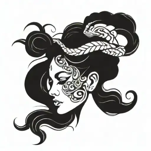 Minimalistic Simple Tattoo Of Dainty Girl With Long Wavy Hair Greek Style Front Profile And Snake