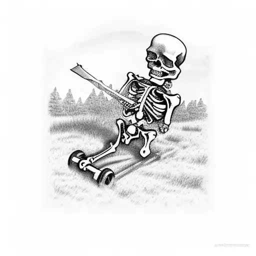 Skeleton Mowing Lawn