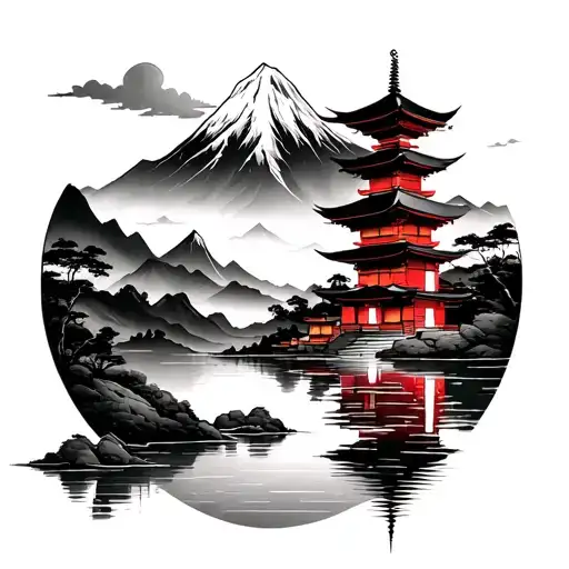 Japense Temple And Mountain Lake Scene