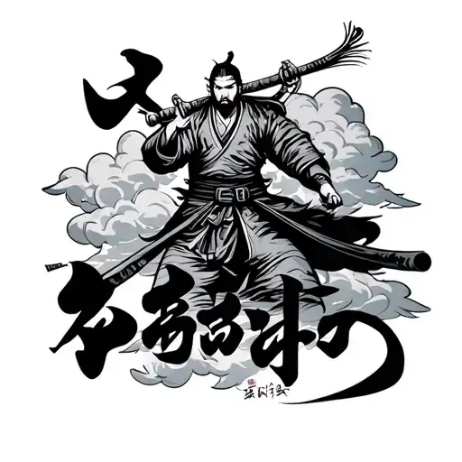 A Ronin With Clouds Around Him And Below The Ronin Have A Japanese Lettering