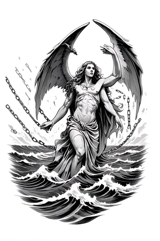 Angle Spirit Surrounded By Waves And A Stormy Ocean With Chains Breaking Off Of Its Hands