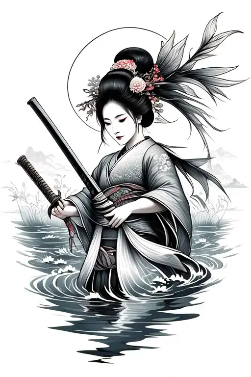 Geisha Holding A Katana Koi Fish Swimming Upstream