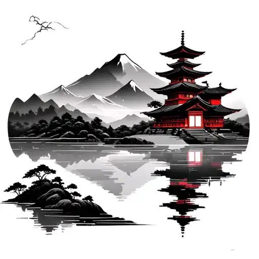 Japense Temple And Mountain Lake Scene
