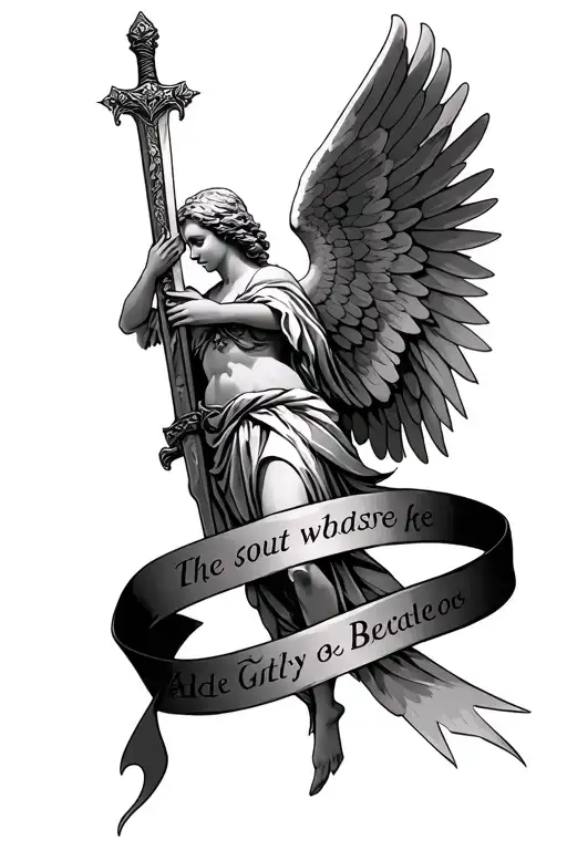 Angel With A Sword With Ribbon Wrapped Around The Angel And The Wording On The Ribbon Should Rea