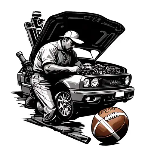 A Tattoo Of A Mechanic Working On A Car Engine With A Football In The Background