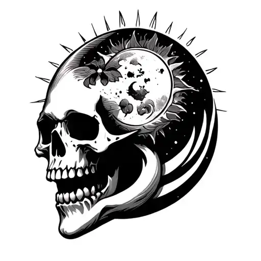 Skull With Its Mouth And A Sun Where The Eyes Are With A Moon Underneath Following It