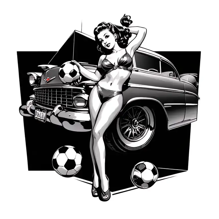 A Tattoo Of A Sexy Pin-up Girl Holding A Soccer Ball And Leaning Against A Classic Car