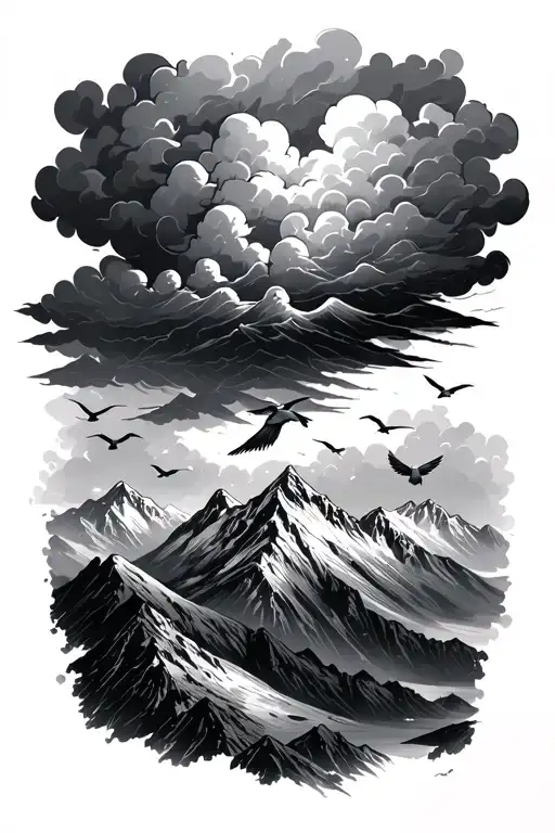 Storm Clouds Over A Mountain Range With Birds Flying Away