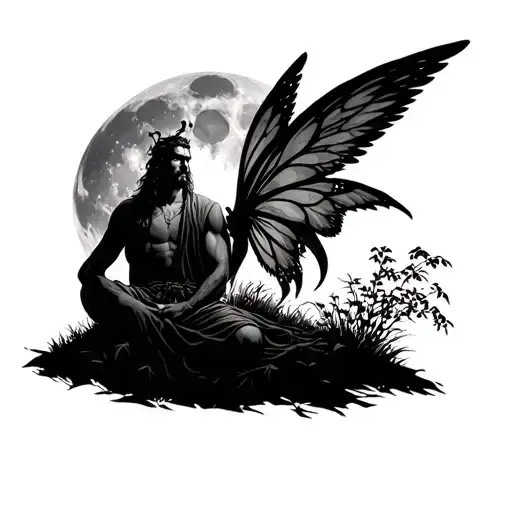Male Druid Sitting In Nature And Winged Fairy Silhouetted In The Moon In The Background