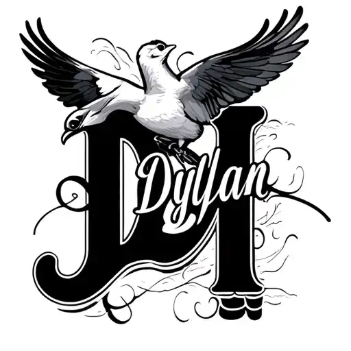 Name Dylan In Cursive With A Bird Flying From The Letter