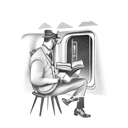 A Black-grey Tattoo Of A Train Conductor Reading A Book In A Scenic Natural Landscape