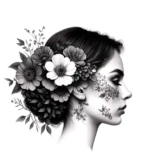 Female Face Side Profile With Flowers Covering Face