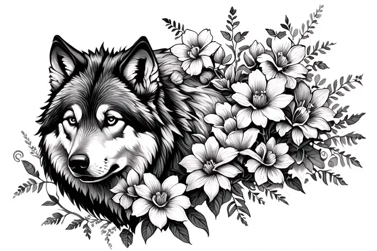 Wolf Surounded By Flowers Growing Together