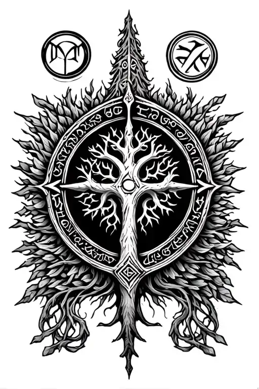 Tree Of Life With Vegvisir Viking Runes Encircling Seeking