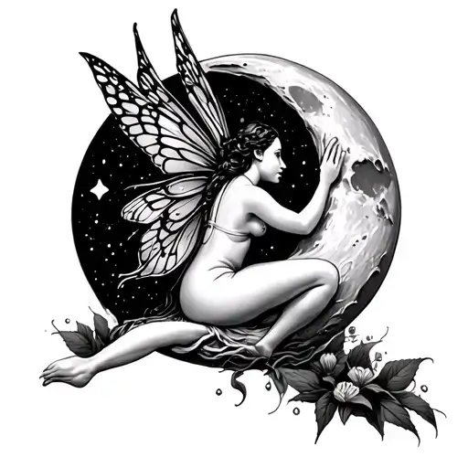 Fairy Sitting On Moon And Reaching Down
