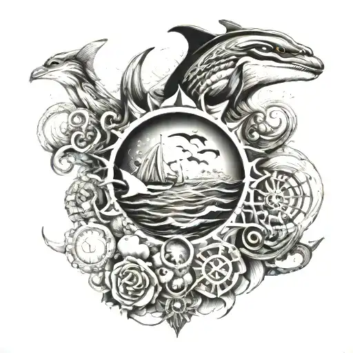Ocean Inspired Tattoo Featuring Iconic Symbols